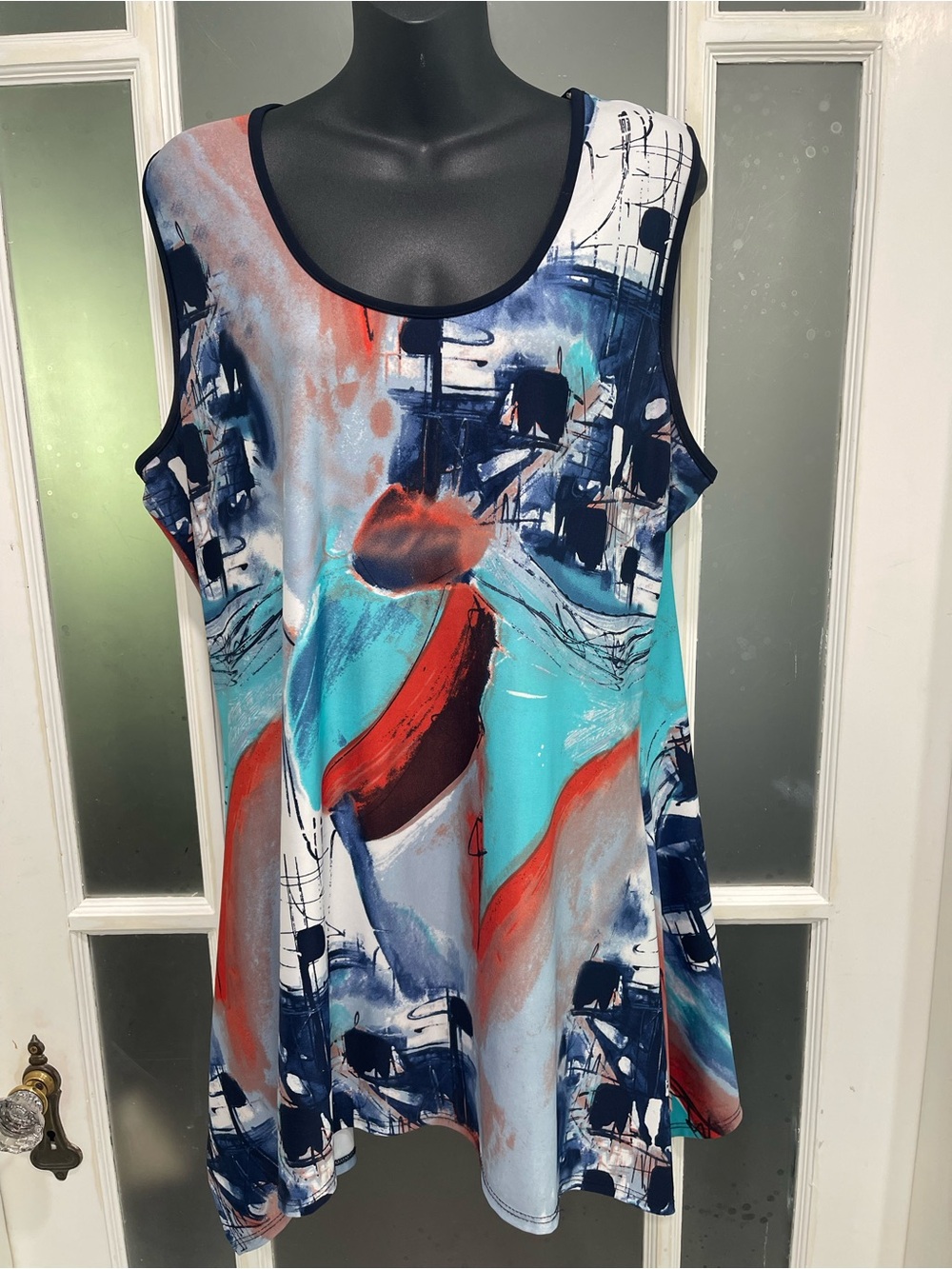 Abstract Painterly Sleeveless Tunic Top - Blue Multi